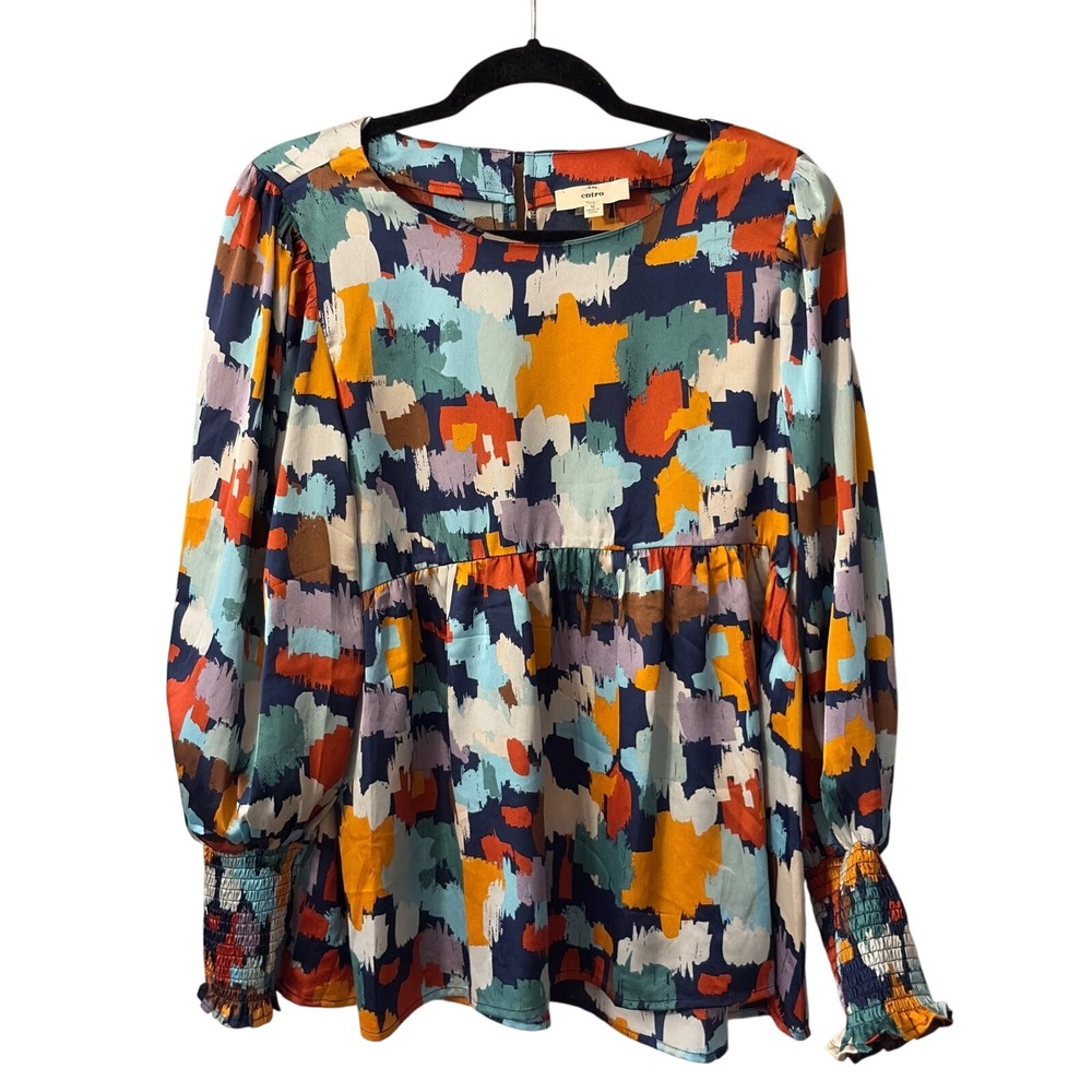 Entro Abstract Brushstroke Babydoll Top Smocked Cuff Peplum Blouse Multicolor M